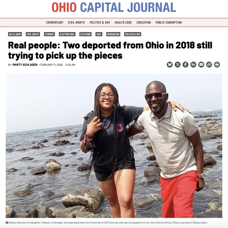 The Ohio Capital Journal masthead appears in red and blue, followed by the headline of the article and a photo of a teenage girl in a black shorts outfit and Black man wearing a gray shirt and red pants, standing on rocks in water.